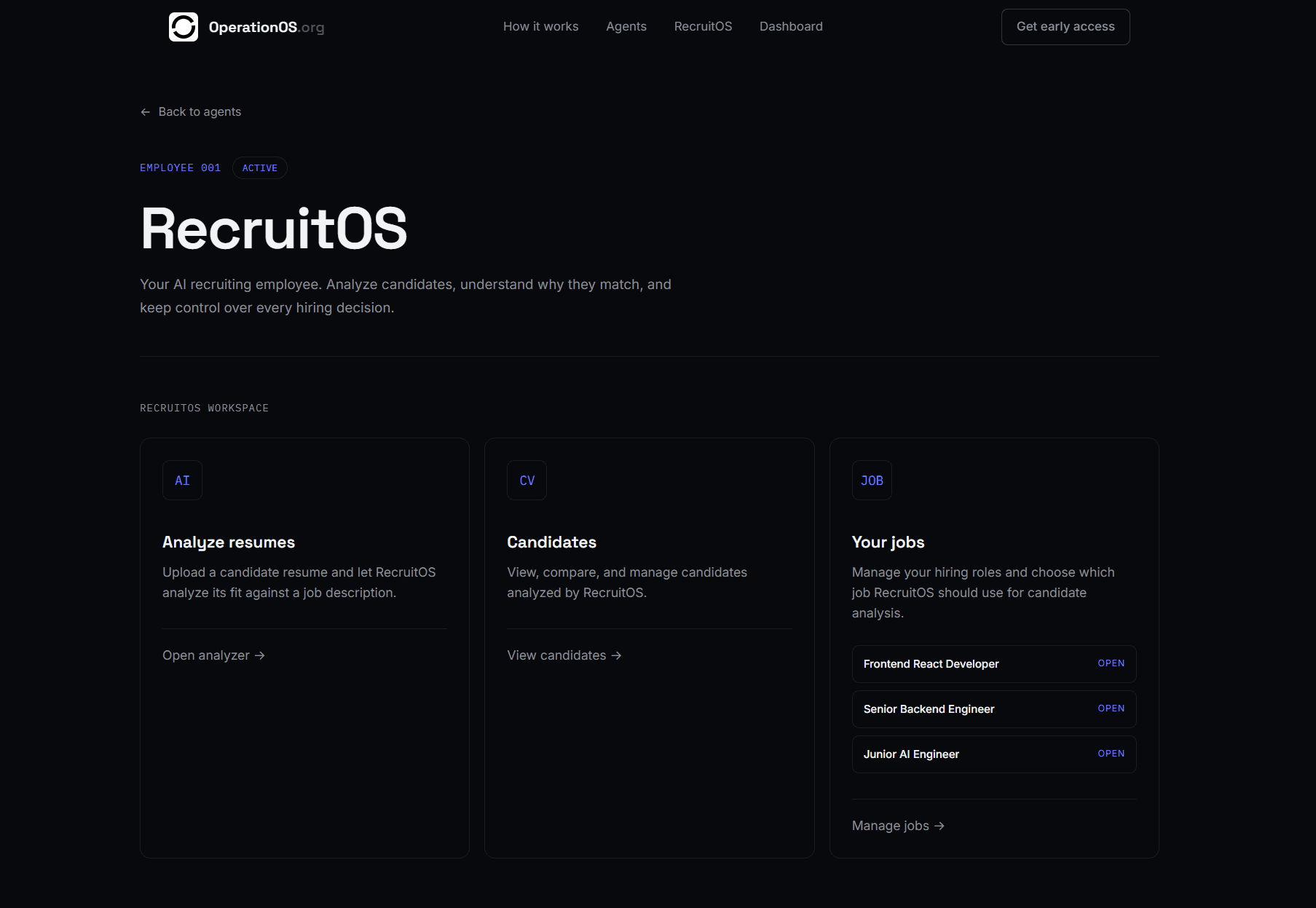 RecruitOS dashboard showing a ranked list of candidates with match scores