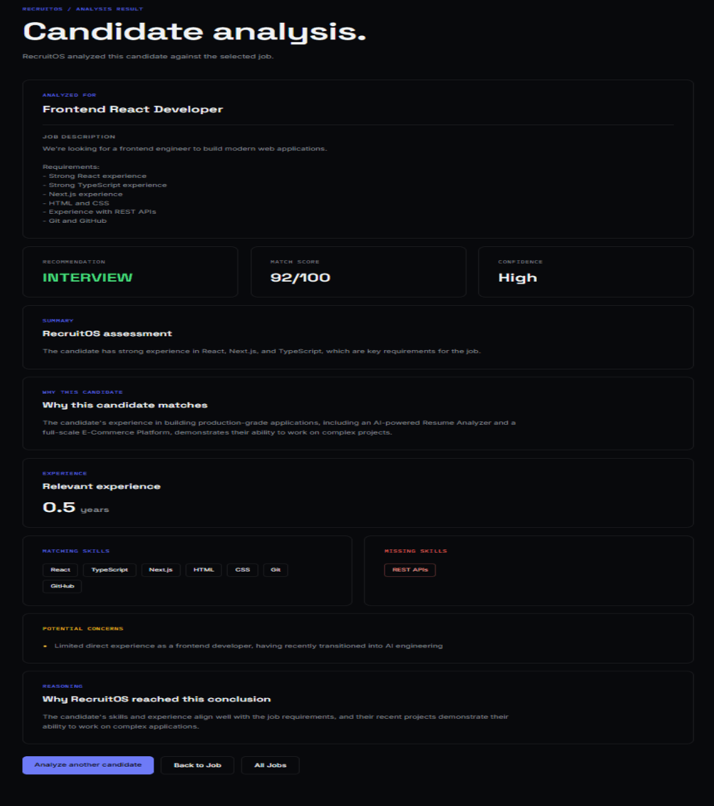 RecruitOS resume analysis screen showing matching skills, missing skills, and recruiter recommendations
