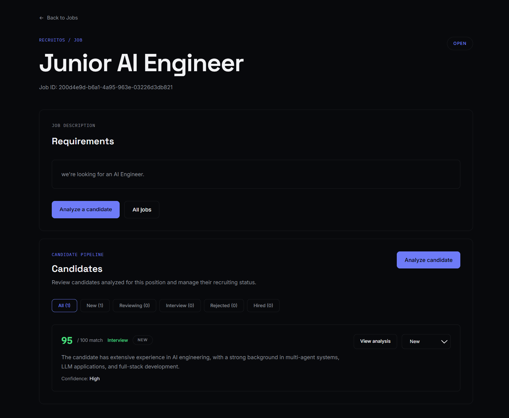 RecruitOS job workspace showing requirements, a candidate pipeline, match score, and recruiting status